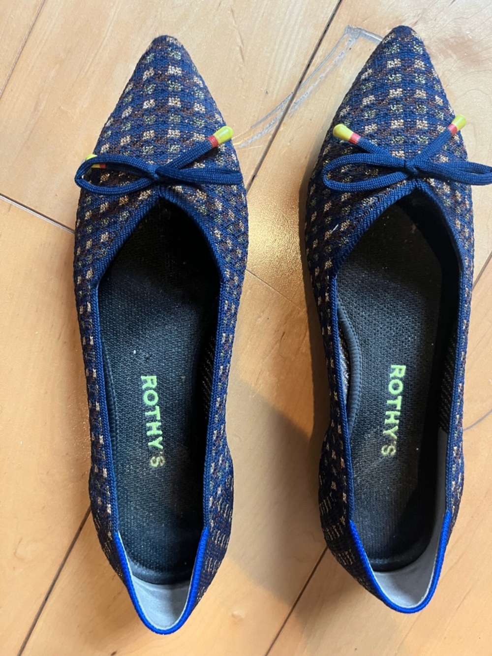Rothy's Navy and Gold Pointed Knit tweed Ballet Flats pumps  7.5